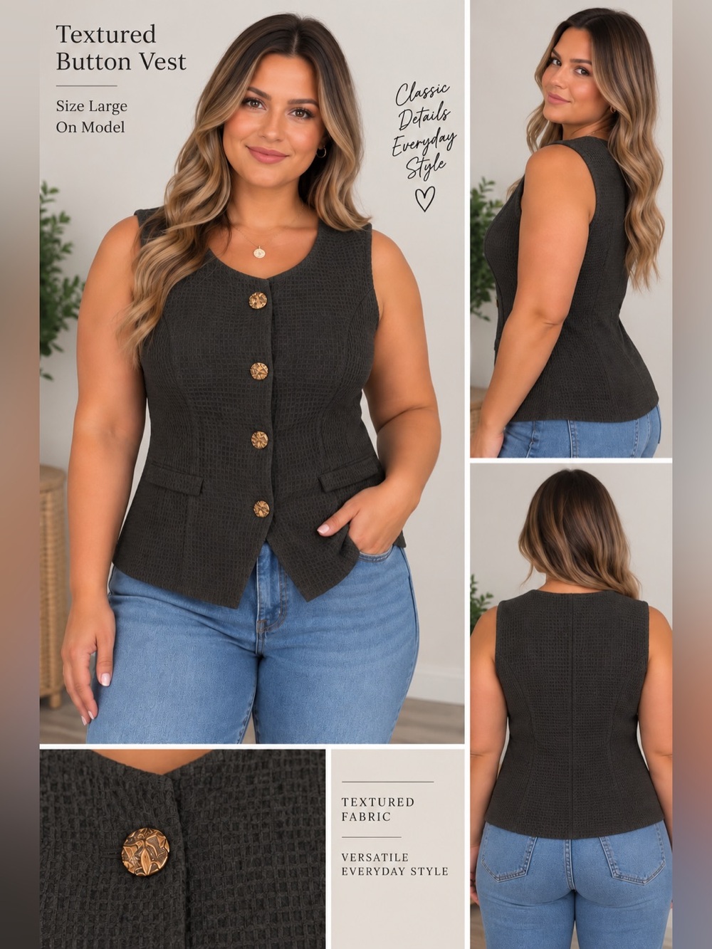Textured Black Button Vest - Women